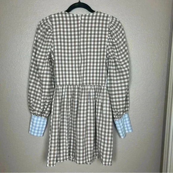 DEFECT-Molby the Label Mini Dress Womens 4 Gingham Brown and Light Blue - Picture 6 of 16